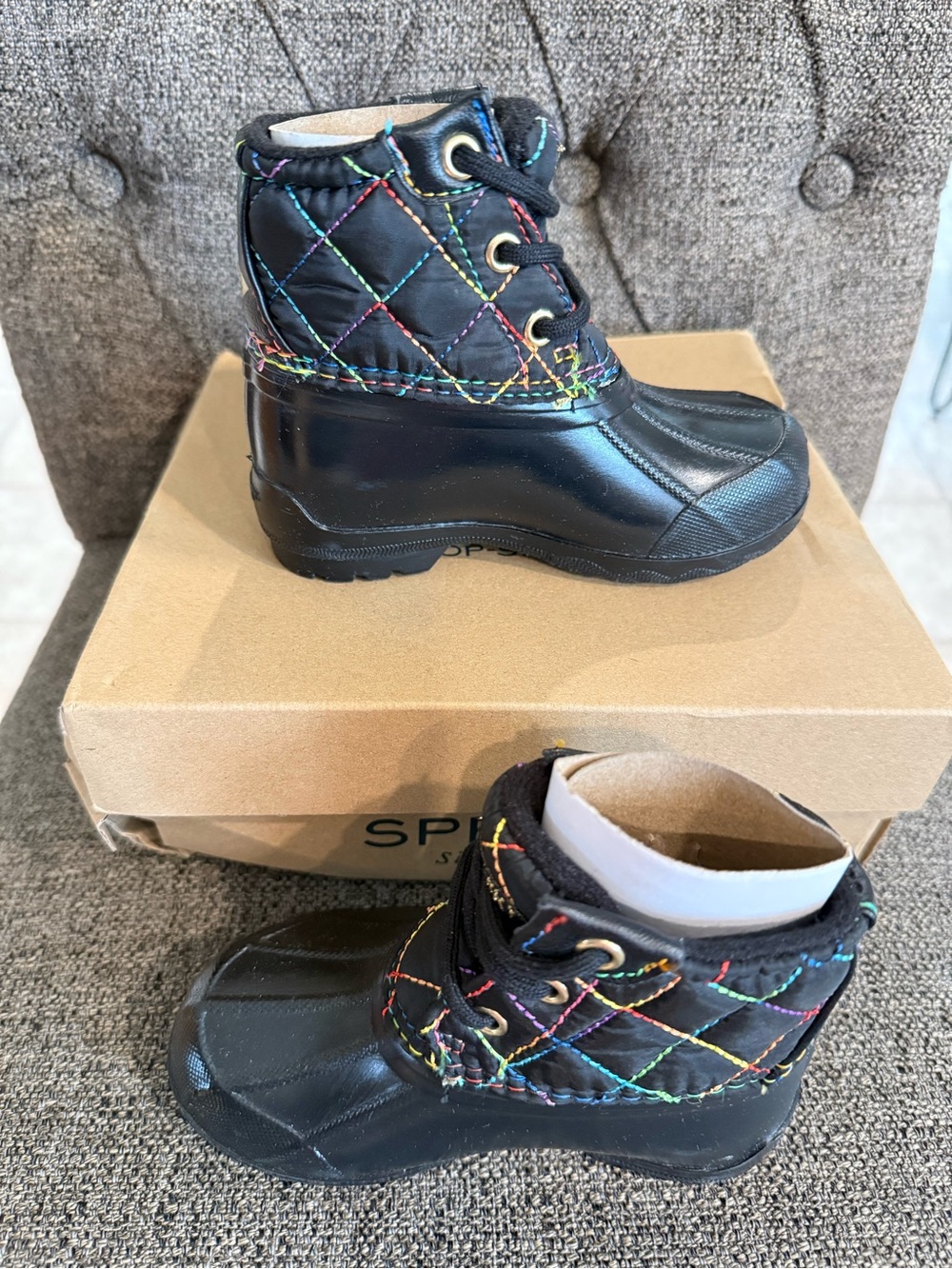 Kids Black Quilted Rain Boots with Colorful Stitching